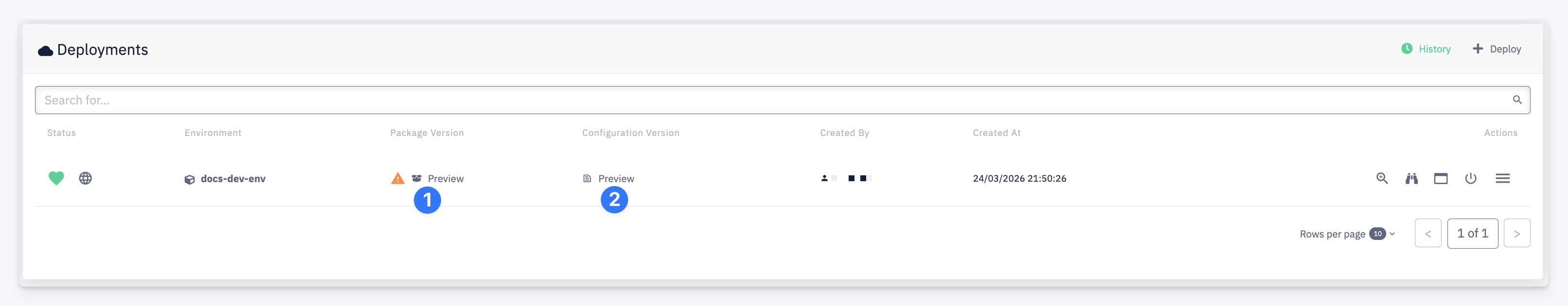 Preview deployment in the deployments list