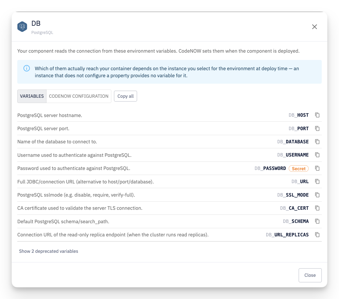 Connected Services — variables dialog