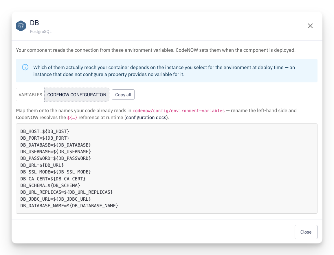Connected Services — CodeNOW Configuration tab