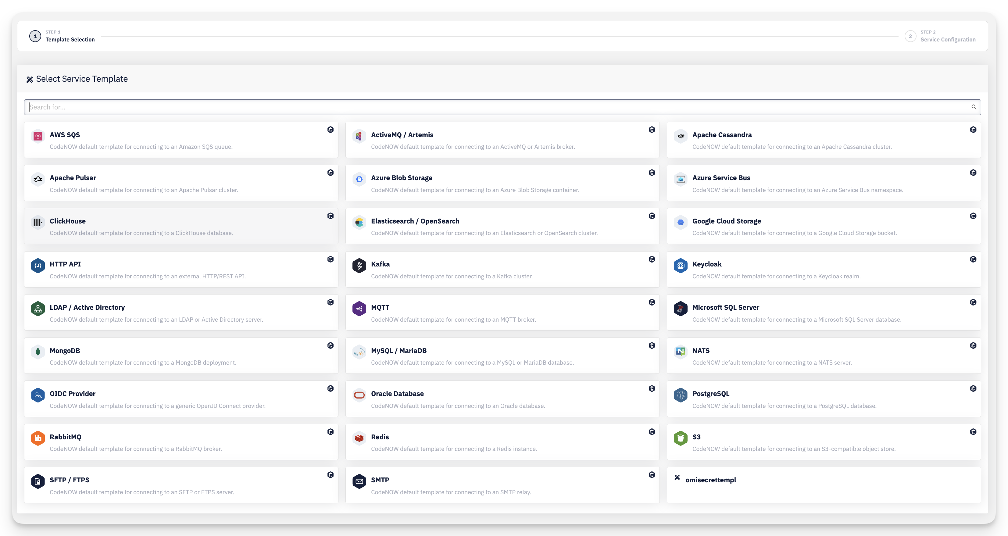Create connected service — step 1: template selection