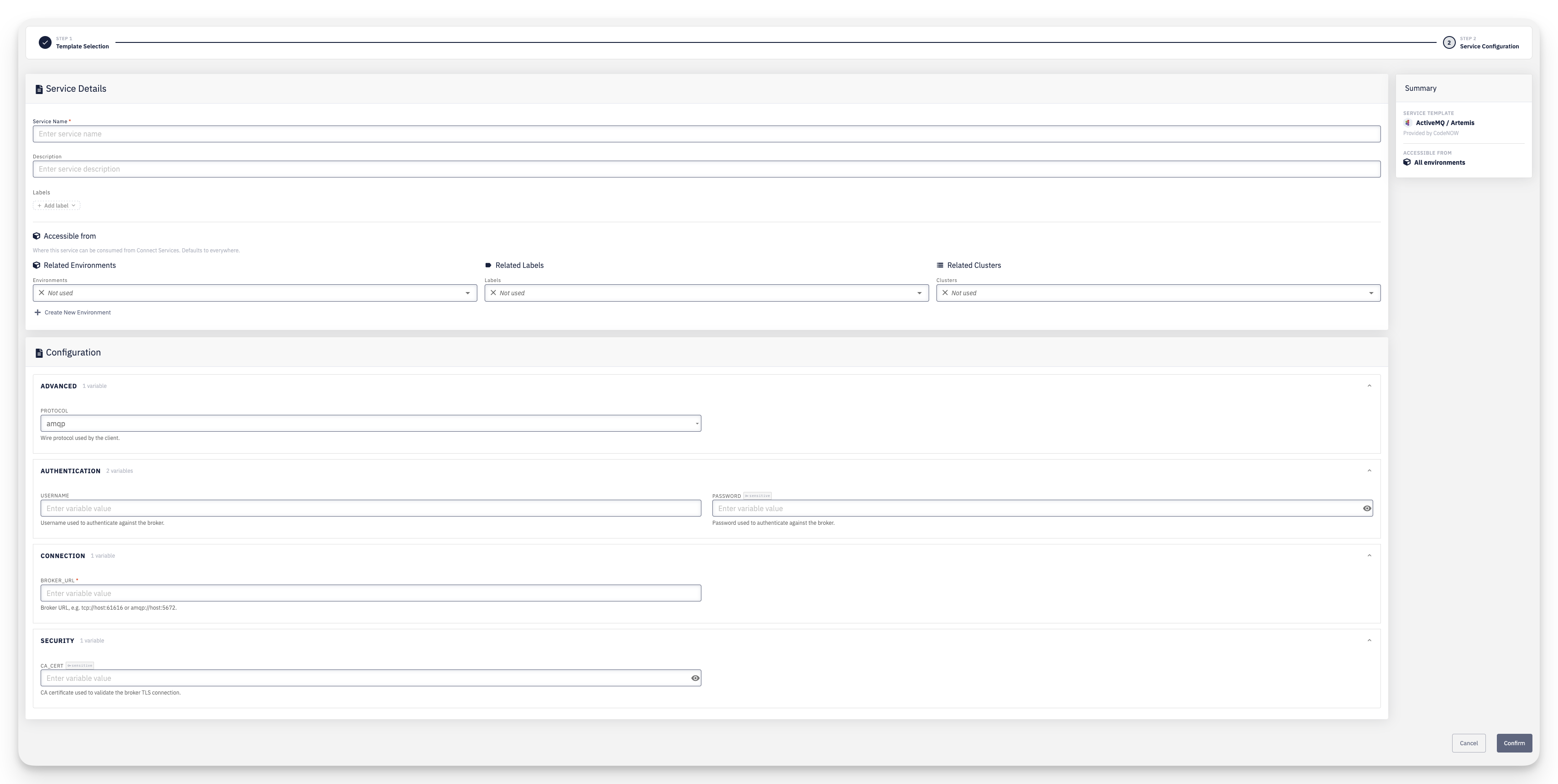 Create connected service — step 2: service configuration