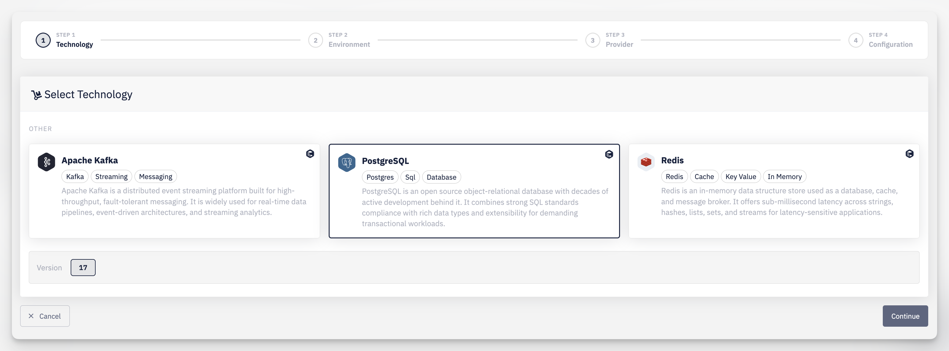 Create hosted service — step 1: select technology