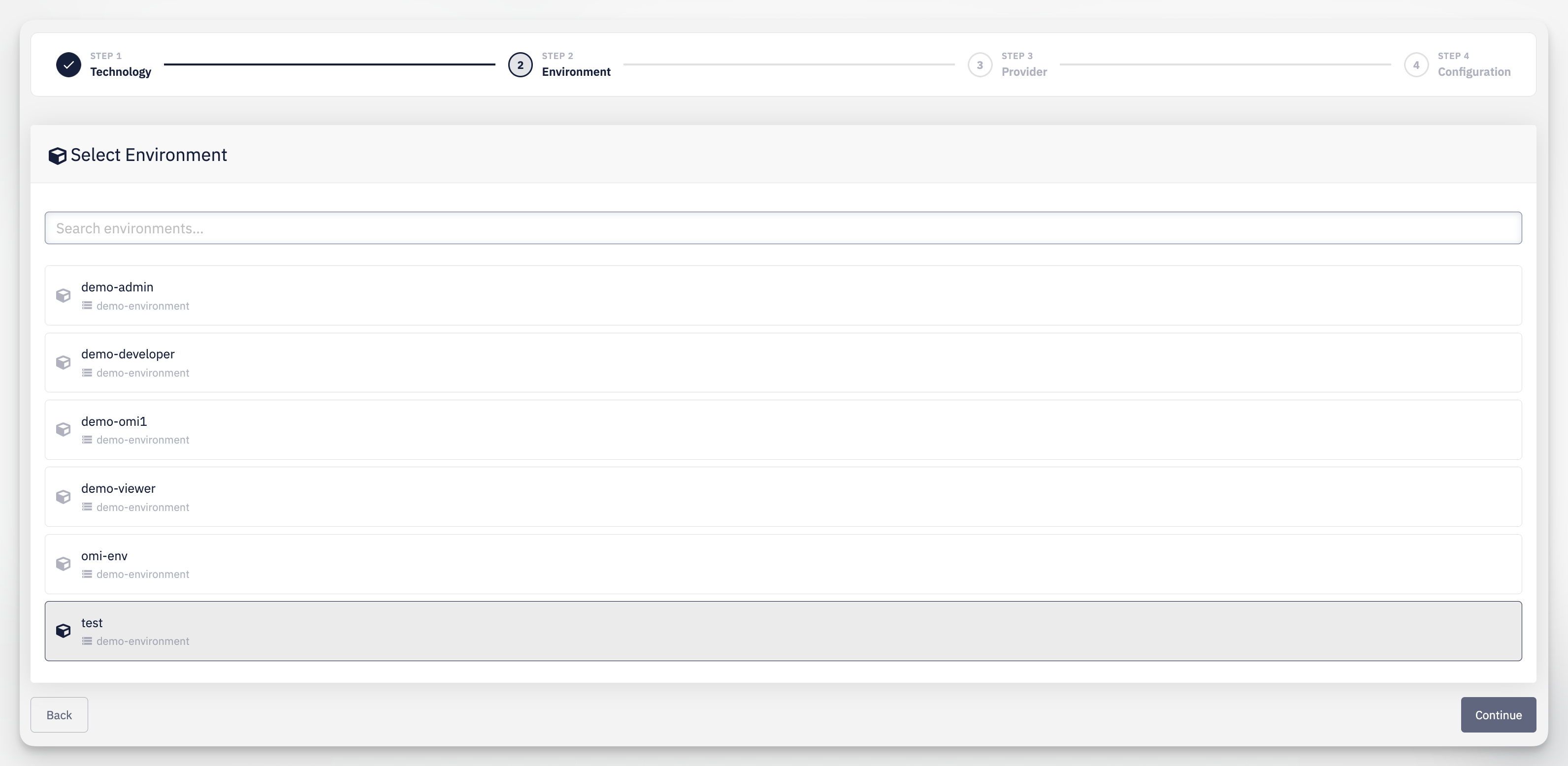 Create hosted service — step 2: select environment