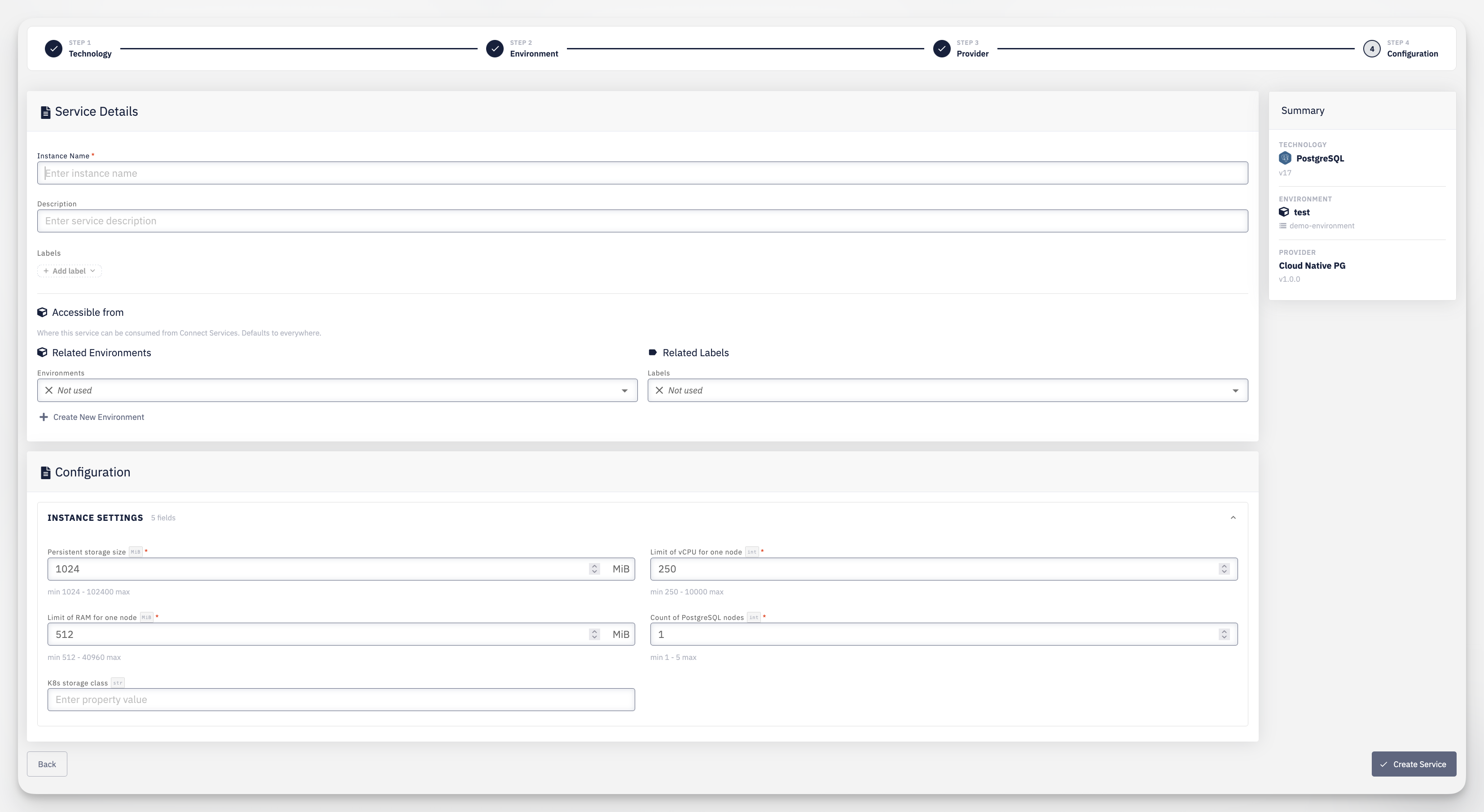 Create hosted service — step 4: configuration