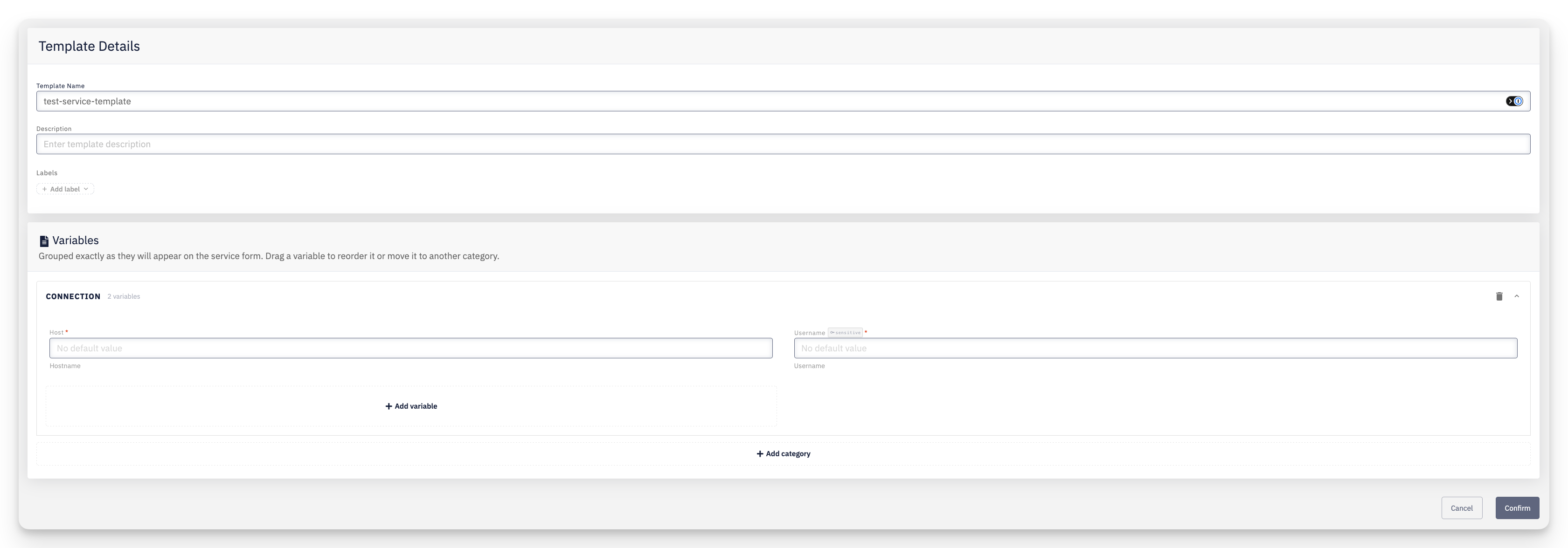 Service Template variable editor