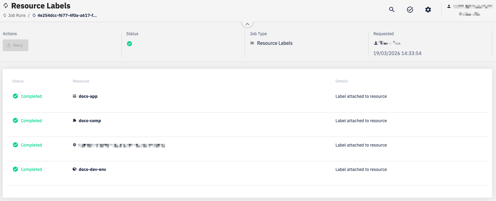 Resource Labels job detail